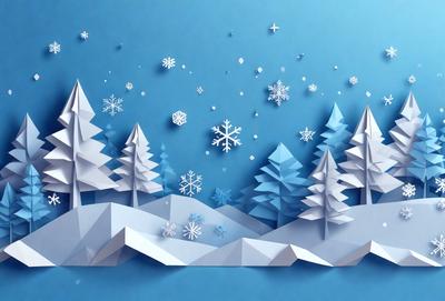The primary subject of the image is a snowy landscape featuring a blue sky, snow-covered trees, and a few snowflakes. The setting is a winter scene with a serene atmosphere. The visual style is a digital art or illustration, creating a realistic and visually appealing representation of the snowy environment. The colors and mood are predominantly blue and cold, reflecting the wintry conditions.